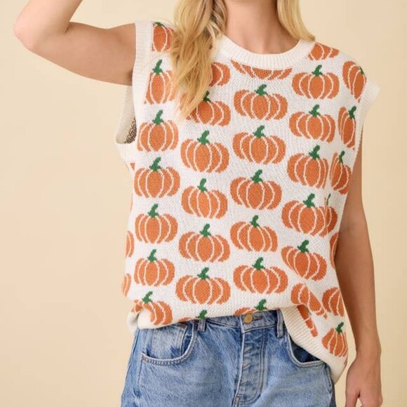 Women's Pumpkin Sleeveless Sweater Mainstrip Size Large - Picture 1 of 6